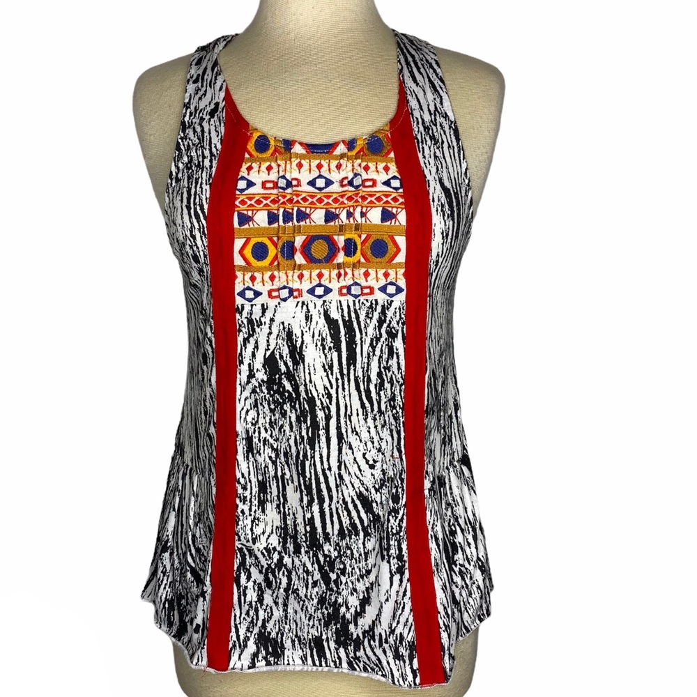 THML Black White Print colorful Embroidered Front Tank Top
